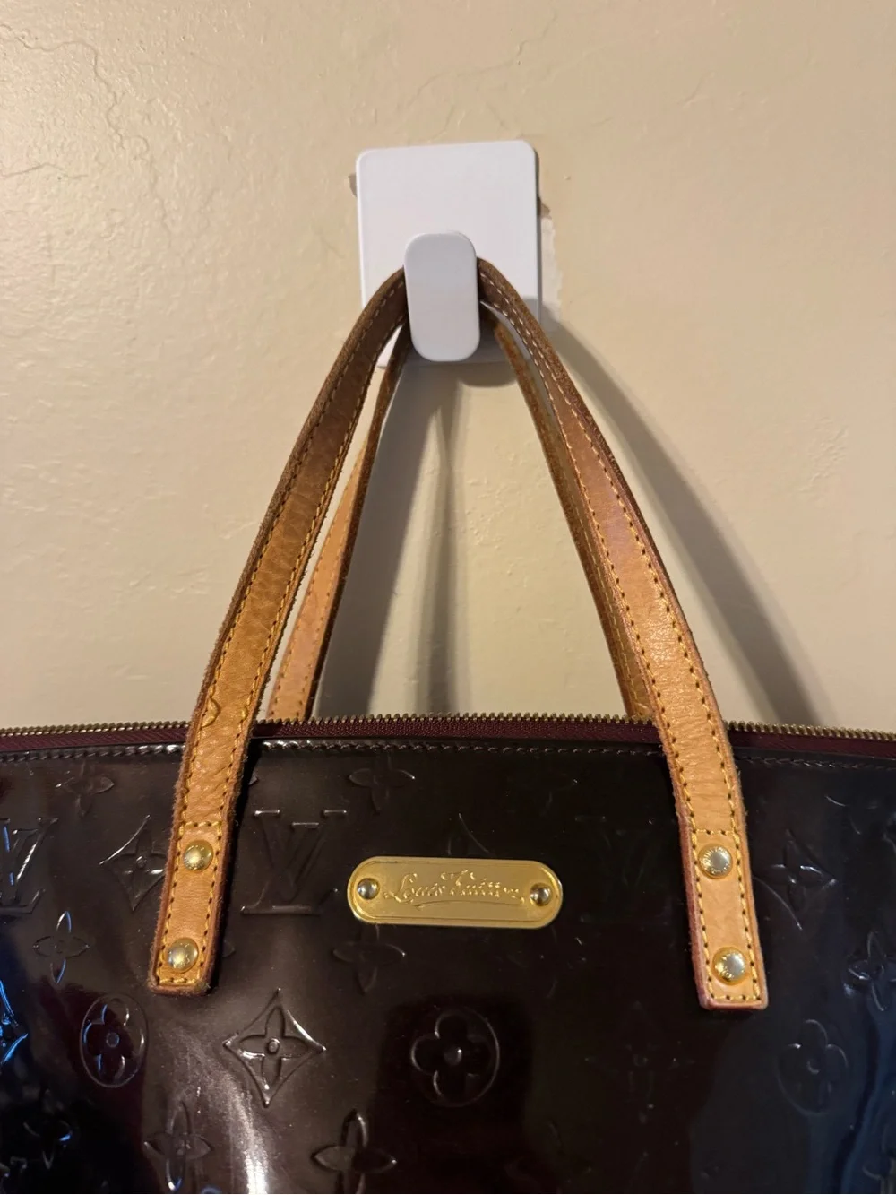 Louis Vuitton Vernis Deep Burgundy Patent Tote with Natural Leather Handles